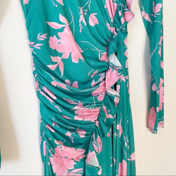 ASOS Turquoise Green and Pink Floral Ruched Ruffle Midi Dress 4 - Picture 5 of 8